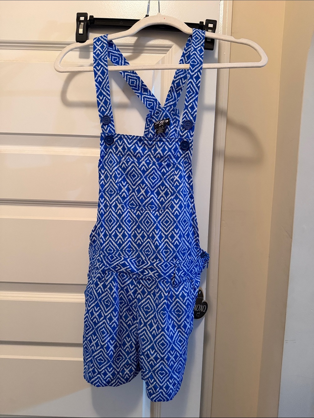 Blue Geometric Short Overalls Jumpsuit